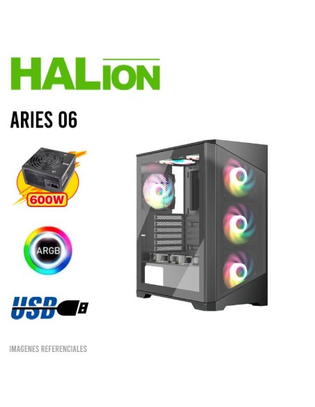 CASE GAMER HALION ARIES-06 ( ARIES 06 ) 600W | VIDRIO TEMPLADO | 4 LED-ARGB