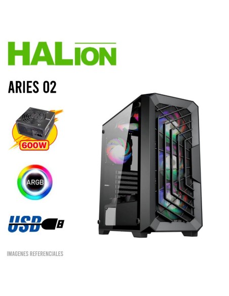CASE GAMER HALION ARIES-02 ( ARIES 02 ) 600W | VIDRIO TEMPLADO | 4 LED-ARGB