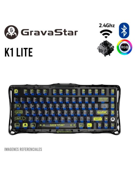 TECLADO GAMER GRAVASTAR K1 LITE ( GSK1LITE-XTAL-BLK ) WIRELESS - BT - WIRED | SWITCH BSUN LINEAR | LED-RGB