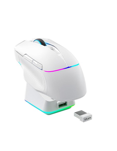 MOUSE GAMER MACHENIKE L8 PRO 8K WHITE ( L8 PRO 8K ) SENSOR PAW3395 | WIRED - WIRELESS 2.4GHZ + BASE DE CARGA | LED-RGB