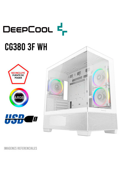 CASE DEEPCOOL CG380 3F WH (R-CG380-WHAGM3-G) USB 3.0| S/FUENTE| VIDRIO TEMPLADO| 3 LED-RGB
