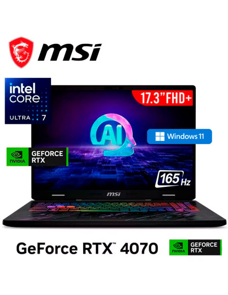 LAPTOP GAMER MSI PULSE 17 AI C1VGKG-063PE ULTRA 7-155H 16GB DDR5 1TB SSD T. VIDEO RTX 4070 8GB 17.3 FHD+ 165HZ WINDOWS 11
