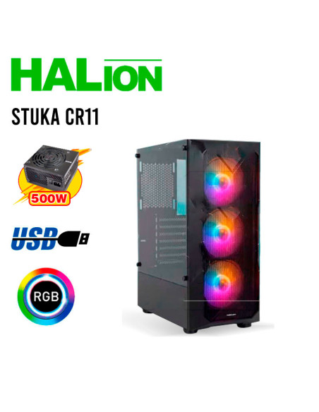 CASE GAMER HALION STUKA CR11 500W LED VIDRIO TEMPLADO