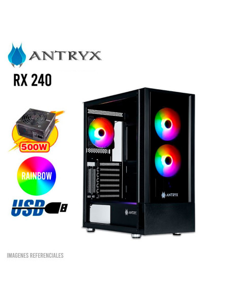 CASE ANTRYX RX 240 (AC-RX240KFR-500CP) 500W | 1 PANEL VIDRIO | LED-RAINBOW