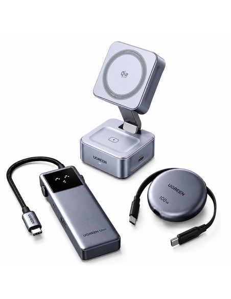 KIT UGREEN D0143 (95725) | HUB USB-C + CARGADOR INALAMBRICO MAGFLOW + CABLE RETRACTIL USB-C