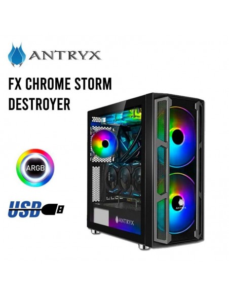 CASE ANTRYX FX CHROME STORM DESTROYER ( AC-FX570K-TXDR ) C/ REMOTO | VIDRIO TEMPLADO | 3 FAN ARGB