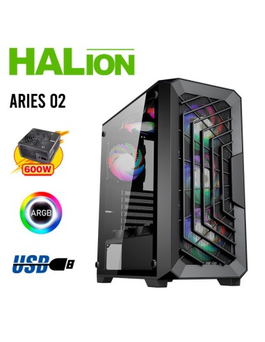 CASE GAMER HALION ARIES-02 ( ARIES 02 ) 600W | VIDRIO TEMPLADO | 4 LED-ARGB