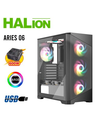 CASE GAMER HALION ARIES-06 ( ARIES 06 ) 600W | VIDRIO TEMPLADO | 4 LED-ARGB