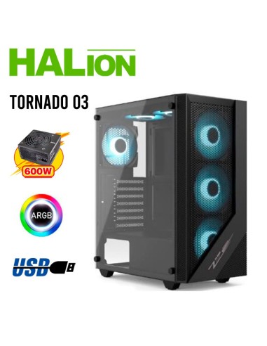 CASE GAMER HALION TORNADO-03 ( TORNADO 03 ) 600W | VIDRIO TEMPLADO | 4 LED-ARGB