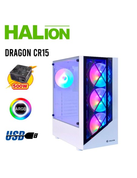 CASE GAMER HALION DRAGON CR15 WHITE ( CR15 WHITE ) 500W | VIDRIO TEMPLADO | LED-RAINBOW