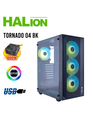 CASE GAMER HALION TORNADO-04 BLACK ( TORNADO 04 BK ) 600W | VIDRIO TEMPLADO | 4 LED-ARGB