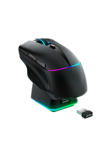 MOUSE GAMER MACHENIKE L8 PRO BLACK ( L8 PRO ) SENSOR PAW3395 | WIRED - WIRELESS 2.4GHZ + BASE DE CARGA | LED-RGB