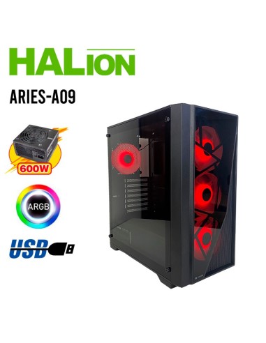 CASE GAMER HALION ARIES A09 ( ARIES-A09 ) 600W | VIDRIO TEMPLADO | 4 LED-ARGB