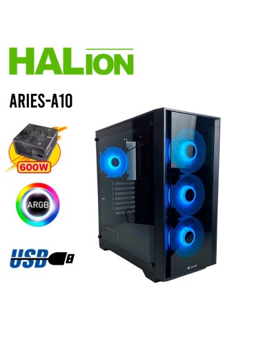 CASE GAMER HALION ARIES A10 ( ARIES-A10 ) 600W | VIDRIO TEMPLADO | 4 LED-ARGB