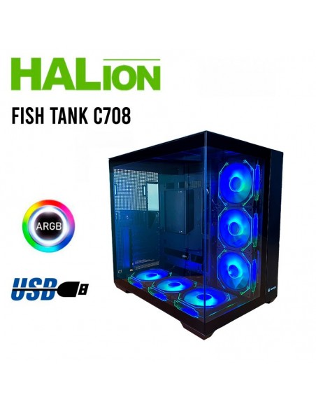 CASE GAMER HALION FISH TANK C708 ( C708 ) S/FUENTE | VIDRIO TEMPLADO | 6 LED-ARGB