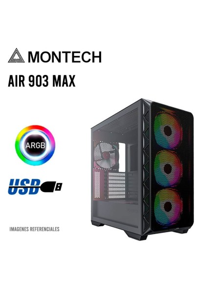 CASE MONTECH AIR 903 MAX BLACK ( AIR 903 MAX ) S/ FUENTE | VIDRIO TEMPLADO | 4 LED-ARGB