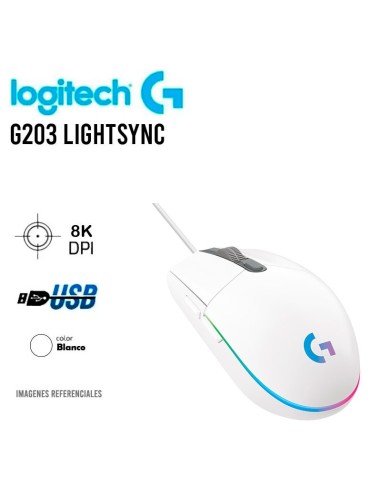 MOUSE LOGITECH G203 WHITE LIGHTSYNC ( 910-005791) GAMING | 8000 DPI | LED-RGB