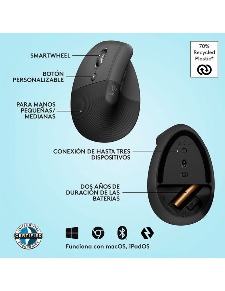 MOUSE LOGITECH LIFT LEFT VERTICAL ERGONOMICO ( 910-006467 ) WIRELESS - BT | BLACK