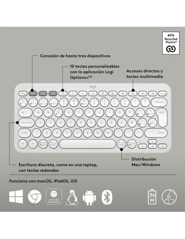 TECLADO LOGITECH PEBBLE KEYS 2 K380S WHITE (...
