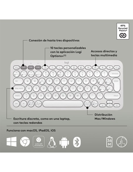 TECLADO LOGITECH PEBBLE KEYS 2 K380S WHITE ( 920-011784 ) WIRELESS| BLUETOOTH