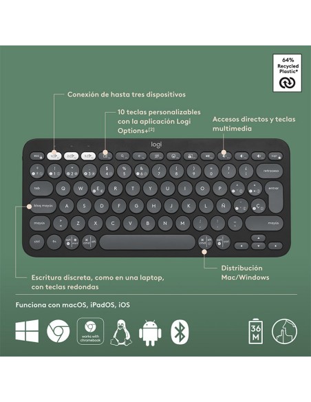 TECLADO LOGITECH PEBBLE KEYS 2 K380S GRAPHITE ( 920-011783 ) WIRELESS| BLUETOOTH