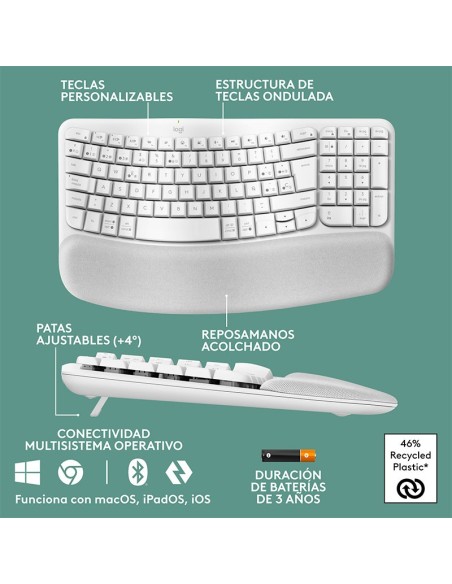 TECLADO LOGITECH ERGO WAVE KEYS ( 920-012279 ) BLUETOOTH/WIRELESS | WHITE