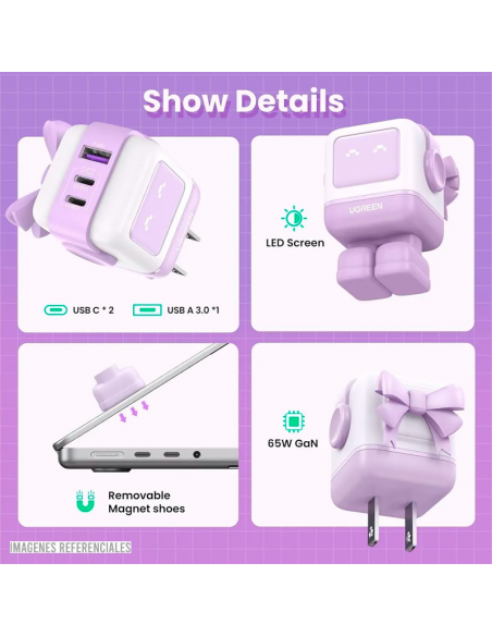CARGADOR UGREEN NEXODE RG 65W 2 USB-C - 1 USB-A (CD361) CARGA RAPIDA (35314) PURPLE