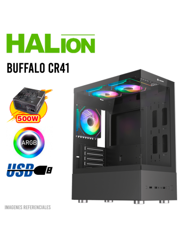 CASE GAMER HALION BUFFALO CR41 ( BUFFALO-CR41 ) PANEL VIDRIO | 500W | 4 LED-ARGB