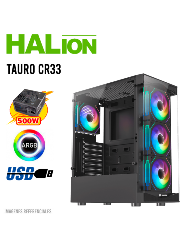 CASE GAMER HALION TAURO CR33 ( TAURO-CR33 ) PANEL VIDRIO | 500W | 4 LED-ARGB