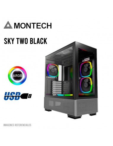 CASE MONTECH SKY TWO BLACK ( SKY TWO-B ) S/ FUENTE | VIDRIO TEMPLADO | LED-ARGB