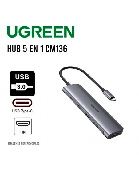 HUB USB-C UGREEN 5 EN 1 CM136 (70495) 3X USB 3.0| 1X HDMI| 1X USB-C F