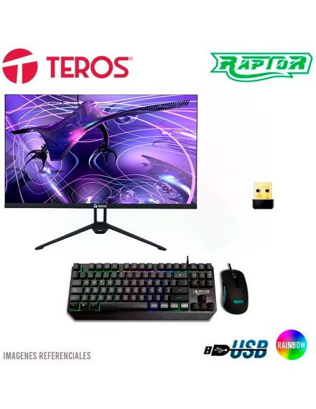 COMBO MONITOR TEROS 23.8 FHD + KIT RAPTOR TECLADO Y MOUSE SEMI MECANICO + ADAPTADOR DE RED TP-LINK USB INALAMBRICO