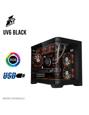 CASE 1ST PLAYER UV6 BLACK ( 1S-CA1ST-UV6 ) SIN FUENTE | VIDRIO TEMPLADO | LED-RGB